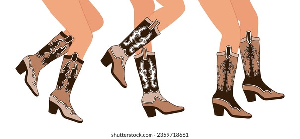 Set of legs in cowboy boots. Various cowgirl boots. Cowboy western theme, wild west, texas. Hand drawn color trendy illustration, vector