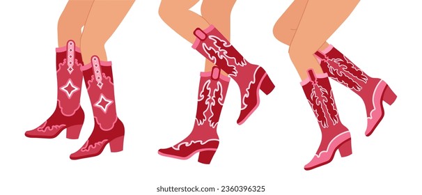 Juego de piernas en botas de vaquero. Varias botas de vaquera. Tema occidental del vaquero, oeste silvestre, texas. Ilustración de moda de color dibujada a mano, vector