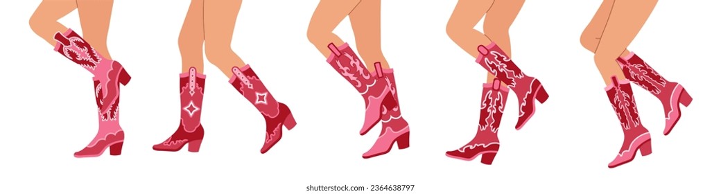 Set of legs in cowboy boots. Various cowgirl boots. Cowboy western theme, wild west, texas. Hand drawn color trendy illustration, vector