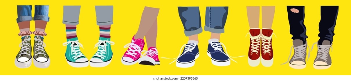 Set of legs in different vintage sneakers. Cool bright colorful sport footwear, stylish shoes. Hand drawn vector trendy realistic illustration. Cartoon style Flat design. All elements isolated.