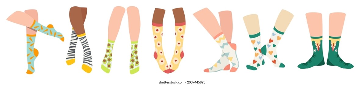 Set of Legs in Socks, Trendy Cotton Long Socks with Colorful Prints . Modern Collection Design for Special Occasion and Everyday Wearing Isolated on White Background. Cartoon Vector Illustration