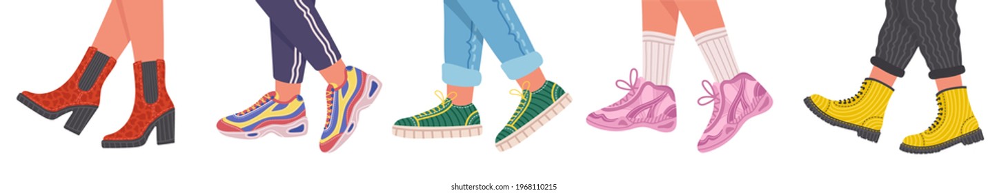 Set of legs with trendy shoes and boots. Vector flat illustration isolated on white background