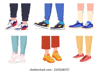 A set of legs wearing sneakers. Modern fashionable comfortable shoes. Vector illustration