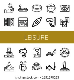 Set of leisure icons. Such as Dice, Accordion, Joystick, Thermo bag, Puck, Kayak, Skater, Diving glasses, Baccarat, Playing cards, Croupier, Tent, Snorkel, Golf bag , leisure icons