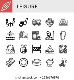 Set of leisure icons. Such as Kayak, Seesaw, Hockey stick, Camper, Poker, Boombox, Waterpark, Swimming pool, Bingo, Billiard, Carabiner, Gym bag, Golf bag, Rope park , leisure icons