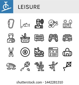 Set of leisure icons such as Rope biking, Carabiner, Fishing, Badminton, Pool kickboard, Camping, Footballer, Picnic basket, Touristic, Gamepad, Caravan, Shears, Billiard , leisure