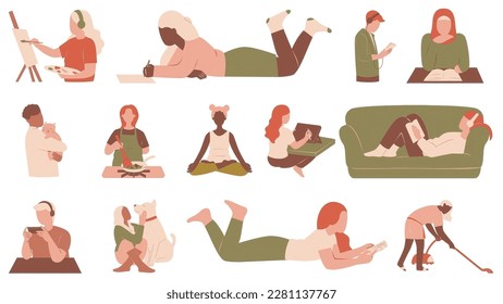 Set of leisure time activities. Collection of multicultural people spending time. Panting, writing, listening musick, reading, cooking, meditating, playing with pets, gaming, vacuuming. 