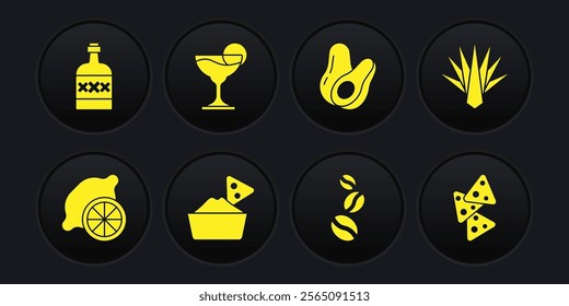 Set Lemon, Agave, Nachos in bowl, Coffee beans, Avocado fruit, Margarita cocktail,  and Tequila bottle icon. Vector