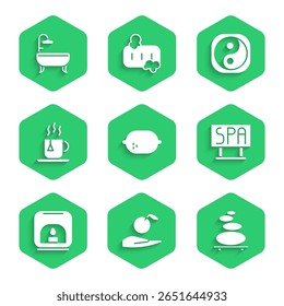 Set Lemon, Apple in hand, Stack hot stones, Spa salon signboard, Aroma lamp, Cup of tea with tea bag, Yin Yang and Bathtub icon. Vector