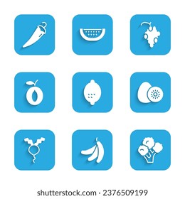 Set Lemon, Banana, Broccoli, Kiwi fruit, Radish, Plum, Grape and Hot chili pepper icon. Vector