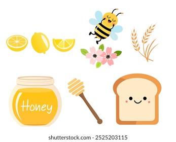Set of lemon, bee cartoon, flower, wheat sign, honey pot, honey stick and cute toast cartoon isolated on white background vector.