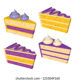 Set of Lemon and Blueberry Cakes. Colorful Sweet Cakes Slices Pieces isolated on White Background. Vector illustration.