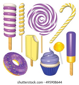 Set of Lemon and Blueberry Sweets and Candies Isolated on White. Ice Creams, Cupcake, Donut, Lollipops, Popsicles and Candy Cane in Yellow and Violet. Vector Low Poly Realistic Illustration.