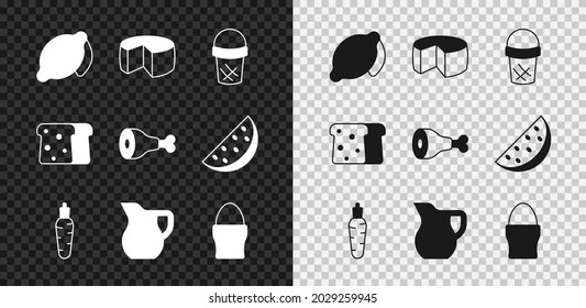 Set Lemon, Cheese, Ice cream in waffle, Carrot, Jug glass with milk, Chicken egg stand, Bread toast and leg icon. Vector