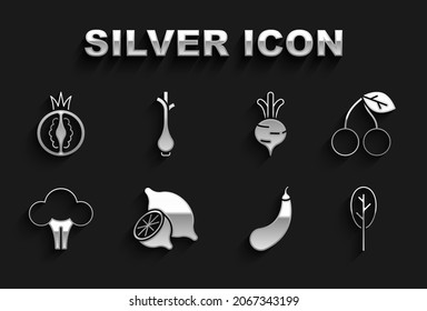 Set Lemon, Cherry, Spinach, Eggplant, Broccoli, Beet, Tomato and Fresh green onions icon. Vector