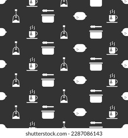 Ponga Lemon, Taza de té con bolso de té, Bolsa de té y balde y cuchara de Sauna en un patrón ininterrumpido. Vector