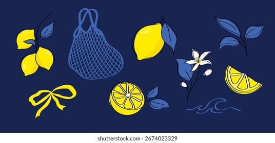 Set of lemon design elements in modern flat style. Whole lemons, slices, leaves, flowers, and eco mesh bag in bright yellow and blue for decoration, packaging, and kitchen prints