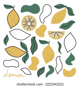 Set with lemon in doodle style and different angles. Vector illustration on a white background for card design, textile decoration, banner creation