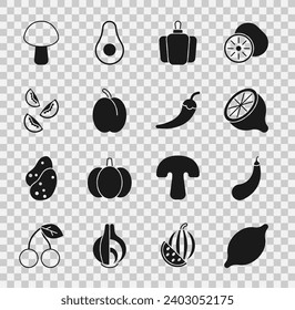 Set Lemon, Eggplant, Bell pepper, Plum fruit, Tomato, Mushroom and Hot chili pod icon. Vector