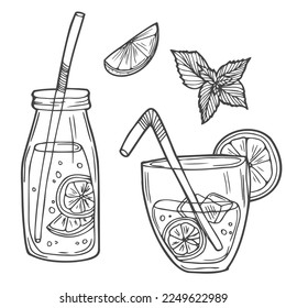 Set of lemon fresh juice mint summer hand drawn scribble doodle line art sketch vector illustration