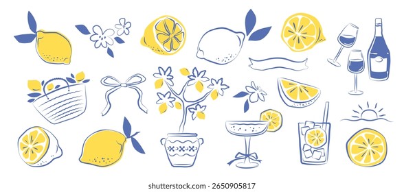 Conjunto de ícone de fruta de limão na mão desenhado azul e amarelo estilo doodle. Ilustração do vetor de verão com citrinos, vidro, árvore, arco. Design de limão para cartaz, menu, convite de casamento