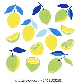 Set of lemon fruits and branches. Vector illustration in contemporary minimalistic style.