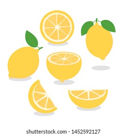 Set of Lemon with green leaves isolated on white background. vector illustration