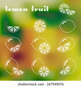 Set of lemon icons with whole and part of fruit on the colorful background