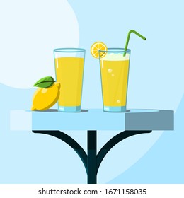 Set of lemon juice and smoothie glasses. Healthy summer drinks from fruits on a table. Design for eco diet, fitness or detox. Organic vegan food.