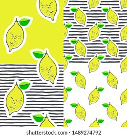 Set. Lemon juicy fruit. Vector illustration with patterns.