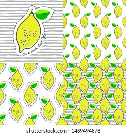 Set. Lemon juicy fruit. Vector illustration with patterns.