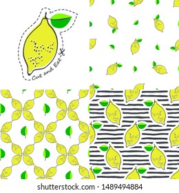 Set. Lemon juicy fruit. Vector illustration with patterns.