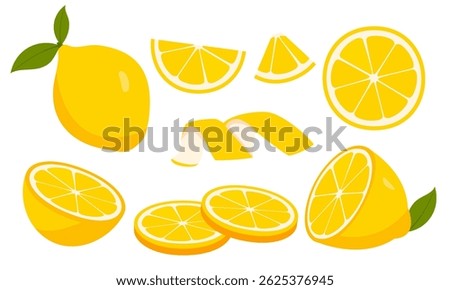 Set lemon with leaf half and piece. Whole lemon fruit with leaves, lemons slices and cut lemon. Peel yellow lemon illustration
