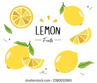 Set of lemon ; lemonade, lime, lemon juice, citrus, leaf