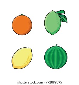 Set of lemon, lime, orange and watermelon fruit and berry icons, flat vector illustration isolated on white background. Stylized lemon, lime, orange and watermelon flat style icon set