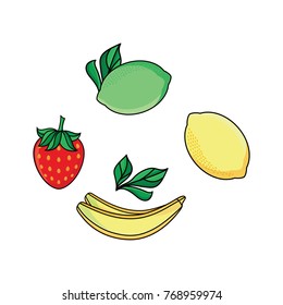 Set of lemon, lime, strawberry and banana fruit and berry icons, flat vector illustration isolated on white background. Stylized lemon, lime, strawberry and banana flat style icon set