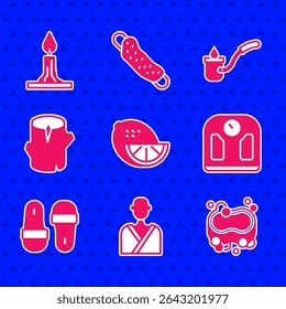 Set Lemon, Man in the sauna, Bar of soap, Bathroom scales, Sauna slippers, Wooden log, ladle and Burning candle icon. Vector