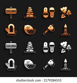 Set Lemon, Oak leaf, Burning candle, Wooden axe, Sauna mitten, slippers,  and Stack hot stones icon. Vector