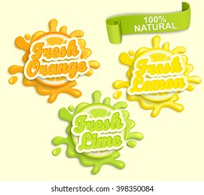 Set of Lemon, orange, lime juece labels splash. Lettering and blot design, shape creative vector illustration.