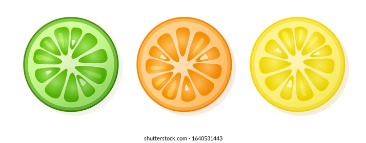Set of lemon, orange, lime slices on white background. Citrus fruit slices. Vector illustration.