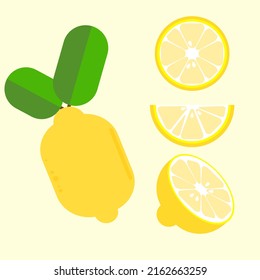set of lemon and lemon slice on yellow background , flat style , vector illustration
