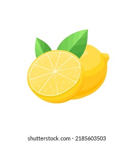 Juego de rodajas de limón y un limón entero con hojas. Ilustración vectorial de dibujos animados aislada en fondo blanco
