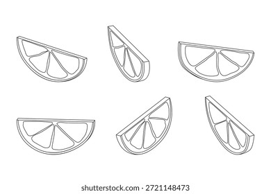 Conjunto de rodajas de limón - Ilustración vectorial isométrica dibujada a mano en blanco y negro.
