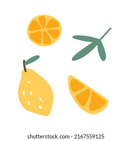 Eine Reihe von Zitronenscheiben und lassen einzeln auf weißem Hintergrund. Handgezeichnete flache Vektorgrafik. Kollektion von Bildern für Ihr Design. Frische Zitrusfrüchte, halbgeschnittene Zitrone.