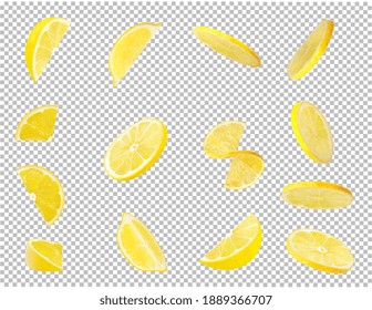set of lemon slices and quarters in different positions on a transparent background. vector illustration