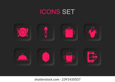 Set Lemon, Spoon, Plate, fork and knife, Bowl of hot soup, Corn, Food ordering mobile, Cooking pot and Covered with tray food icon. Vector