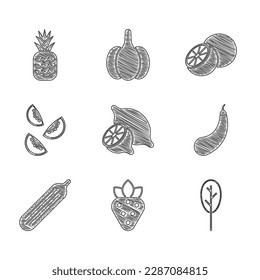 Set Lemon, Strawberry, Spinach, Eggplant, Fresh cucumber, Tomato, Orange fruit and Pineapple icon. Vector