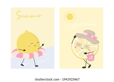 Set of lemon in summer time card, wearing swimming trunk on the beach and Lemon slice wearing beautiful hat and hold lady bag walking with sun, flat vector illustration,  summer time concept