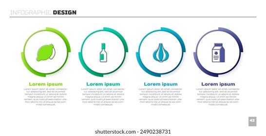 Set Lemon, Tabasco sauce, Garlic and aper package for milk. Business infographic template. Vector