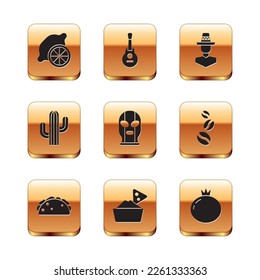 Set Lemon, Taco with tortilla, Nachos in bowl, Mexican wrestler, Cactus, man sombrero, Tomato and guitar icon. Vector
